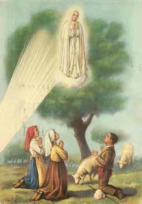 Aparição da Nossa Senhora de Lourdes — três crianças em oração — editor não visível