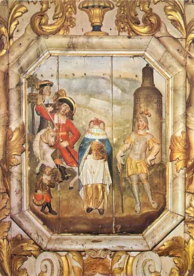 Cena religiosa — Santa Maria e dois cavaleiros — moldura dourada