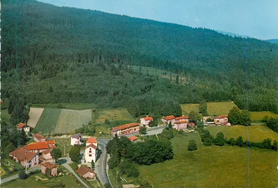 Vila na montanha — floresta densa no fundo — editor não visível