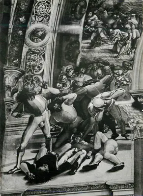 Cena de combate em uma capela — detalhe de uma fresco — editor desconhecido