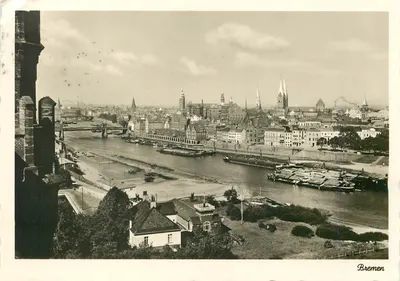 Vista panorâmica de Bremen — rio e cidade — editor desconhecido