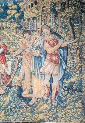 Cena de jardim — tapeçaria medieval — editor desconhecido, número de série não visível