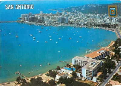 San Antonio — vista aérea do porto e dos edifícios — editor não visível