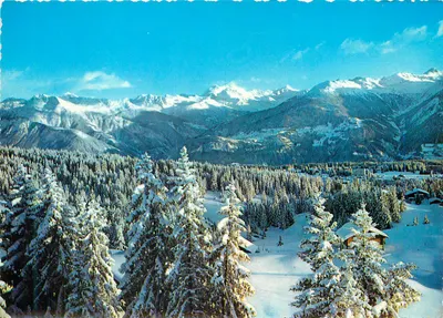 Paisagem alpina invernal — floresta de pinheiros nevados e montanhas nevadas — editor não visível