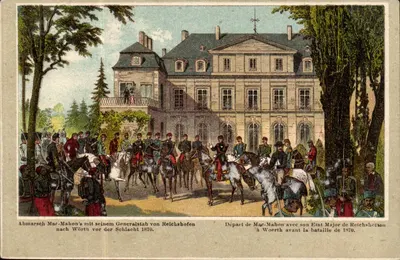 Partida de Mac-Mahon com seu Estado-Maior de Reichshofen antes da batalha de 1870 — Verlag A. LEVY, Wörth