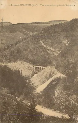 Bilhete postal antigo Gorges de Malvaux (Jura) Vista Panorâmica tirada de Boimont