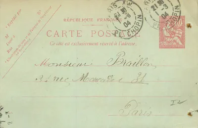 Carta postal francesa — República Francesa — selo 10 centavos — enviada para Paris
