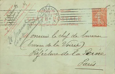 Paris — Carta postal expedida pelo escritório de correios de Paris — editor desconhecido, número de série não visível