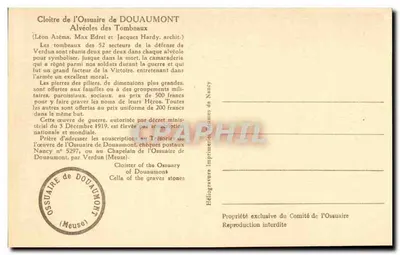 Cloître de l'Ossuaire de Douaumont — Cloître dos alvéolos das tumbas — Impressora Nancy — Verso