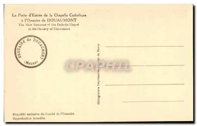 Wejście do katedry katolickiej — Ossuaire de Douaumont — Helio-grawura Imprimerie de Nancy — Rewers