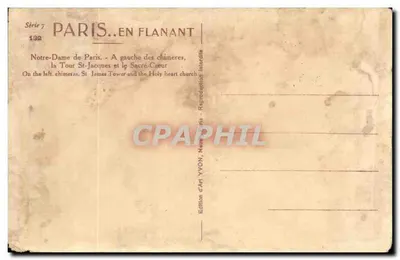 Notre-Dame van Parijs — Links de chimères, de toren St-Jacques en het Sacré-Cœur — Artistieke editie YVON, Parijs — Achterkant