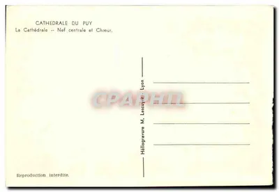 Katedra w Puy — Nef centralna i chórzek — Héliogravure M. Lescuyre, Lyon — Rewers