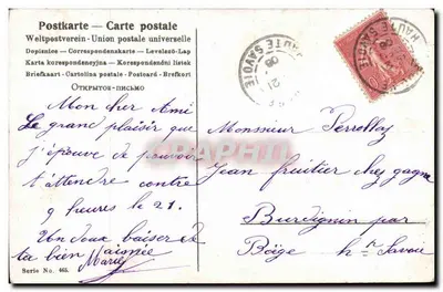 Casal amoroso na margem de um lago — Poema impresso — Editor: Postkarte — Carta postal — Série No. 465 — Verso