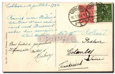 Coblenz - Rijn en Mosel — panoramische uitzicht met boot — uitgever Ullmann, n°249 — Achterkant