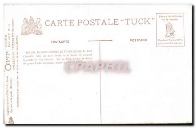 Rouen — Pont Corneille i nabrzeża — widok panoramiczny z tramwajem i statuą — wydawca Tuck & Co, seria II nr 11 — Rewers