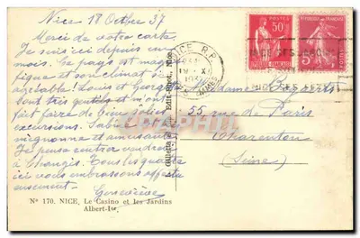 Nice — O Casino e os Jardins — Albert-Ier, n° 170 — Verso