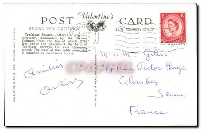 Plac Trafalgar w Londynie — widok z lotu z kolumną Nelsona — kartka z wizytówka, wydawca Valentine & Sons Ltd., nr K.7046 — Rewers