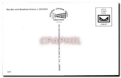 Big Ben e estátua de Boadiceia — série Natural Colour — The Photographic Greeting Card Co. Ltd., Londres, n°167 — Verso
