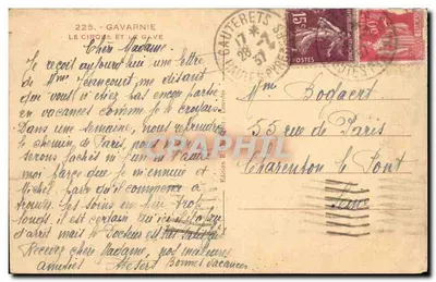 Gavarnie — Widok na Cirque i rzekę Gave — Wydawnictwo E. B. Gavarnie — Rewers