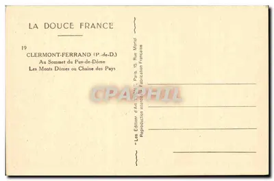 Les Monts Dômes lub łańcuch Puy — Clermont-Ferrand (P.-de-D.) — Wydawca: La Douce France, n°19 — Rewers