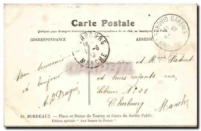 Bordeaux — Plac Tourny i statua Republiki — Wydanie specjalne 'Aux Dames de France' przez Éditions Manche — Rewers