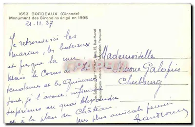Monumento dos Girondinos — Bordeaux — editor Yvon, n° 1652 — Verso
