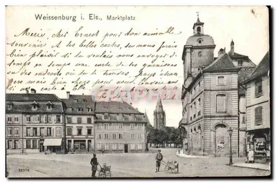 Weissenburg i. Els., Marktplatz — vista do mercado com igreja e edifícios — editor não identificado, n° 22978