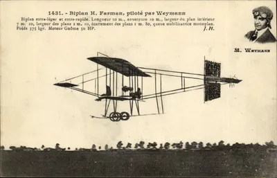 Biplano H. Farman, pilotado por Weymann — n° 1431 — editor J. Hauser, Paris