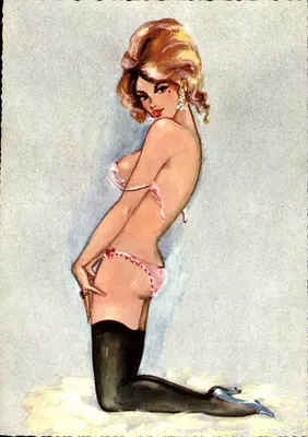 Kobieta w różowym bikini — styl pin-up — wydawca nieznany, numer serii nie widoczny