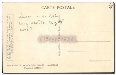 Paquebot "MÉDIE II" — Compagnie de Navigation Paquet — Marselha — Verso