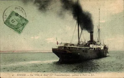 Sousse — La "Ville de Bône" (Cie Transatlantique) quittant le port — LL.