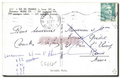 Le Havre — O navio de passageiros "Ile de France" — I.L. Le Comte — Verso
