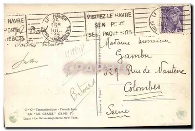 S/S "DE GRASSE" — Linha Havre-New York — French Line — Verso