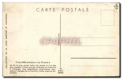 Vijfmastboot « La France » — Collectie van de Zeevereniging en Koloniale Bond — uitgever AEC Paris — Achterkant