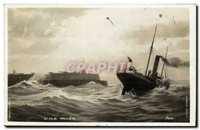 A Ilha Pelée — Vista marítima com barco e forte — Editor Nemo