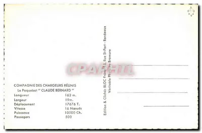 O paquebote "Claude Bernard" — Compagnie des Chargeurs Réunis — Edição Bloc Frères, Bordeaux — Verso