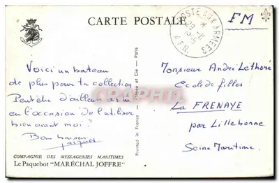 O navio de passageiros Maréchal Joffre — Companhia das Messagerias Marítimas — editor Paris — Verso