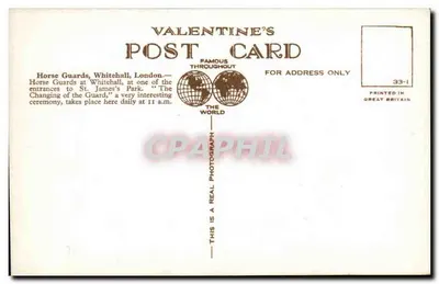 Royal Horse Guards, zmiana straży, Whitehall, Londyn — kartka pocztowa Valentine's nr 42968 JV — Rewers