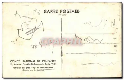 Navio petroleiro em tempo ruim no Mediterrâneo — Desenho de A. Sebille — COMITÉ NATIONAL DE L'ENFANCE, Paris — Verso