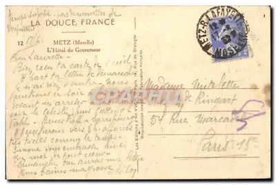 Hôtel du Gouverneur — Metz (Moselle) — Les Éditions d'Art YVC de Bretagne — Rewers