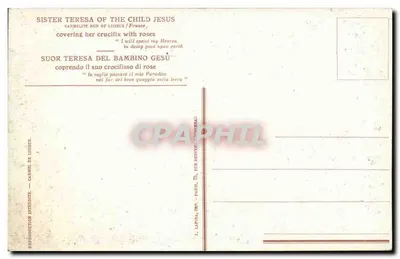 सेंट थेरेसा ऑफ द चिल्ड जीसस — रोज़ के चौकोर के साथ अपने क्रूसिफिक्स को कवर करती हैं — रिप्रोडक्शन टाइटल — कार्मेल ऑफ लिसियूस — पीछे
