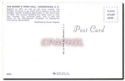 Stary Rynek i Rada Miasta — Georgetown, S.C. — Odbudowane w 1842, czerwony model z 1822 r. drewnianego rynku zniszczonego w huraganie — Wyd. Deater Press, Inc., Winnisboros, S.C. — Rewers