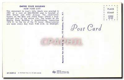 Empire State Building — Nova York — Dexter Press, Inc. n° DT-76787-B — Verso