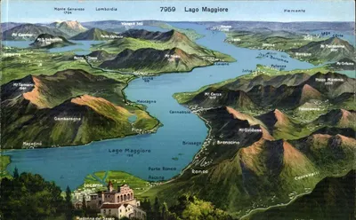 Lago Maggiore — vista panorâmica com nomes de locais e montanhas — Wehrli-Verlag Kilohberg b. Zürich