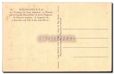 Rocamadour (Lot) — Túmulo de São Amadour e entrada da capela milagrosa — Edições de Arte Y. V. O. I. Paris — Verso