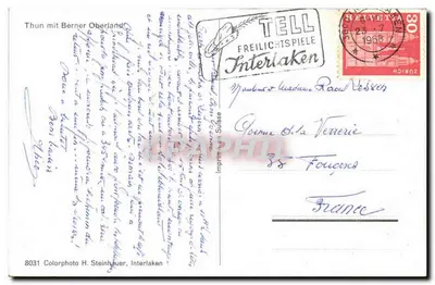 Brienzsee i Thunersee — kolorowana kartka pocztowa — H. Steinhuuer, Interlaken — Rewers
