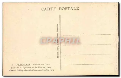 Galeria dos Espelhos — Sala da Assinatura da Paz em 1919 — Edição Costé, 9, rue Colbert, Versailles — Verso