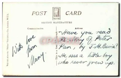 Statua Petera Pan, ogrody Kensington, Londyn — wydawca Philco Publishing Co. Ltd. — Rewers