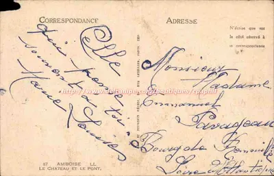 Zamek i Most w Amboise — Narodowy Zamek Épargne — Wydawca: Biuro Karty Pocztowe, nr 87 — Rewers
