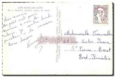 LATO W ALPACH — 10 — Skaliste wzniesienia, strumień, sosny i szczyty — Wydawnictwo Fotograficzne JANSOL (Savoie) — Rewers
